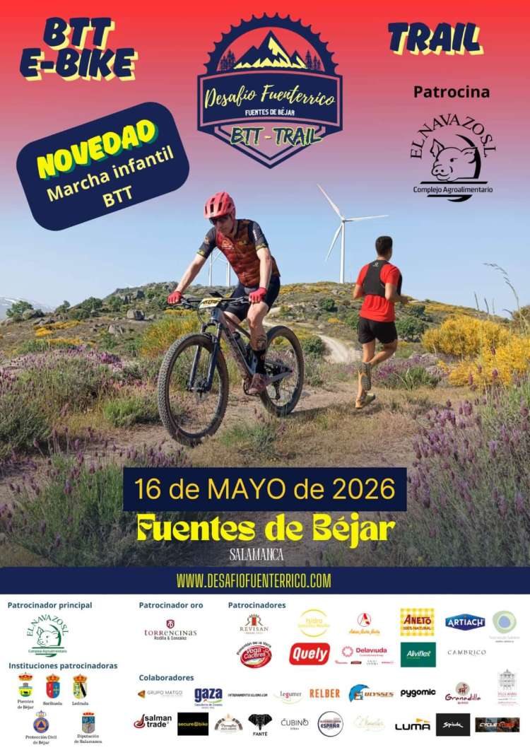 Cartel oficial del Desafío Fuenterrico 2026 en Fuentes de Béjar con ciclistas y corredores en un entorno natural, destacando la nueva marcha infantil BTT
