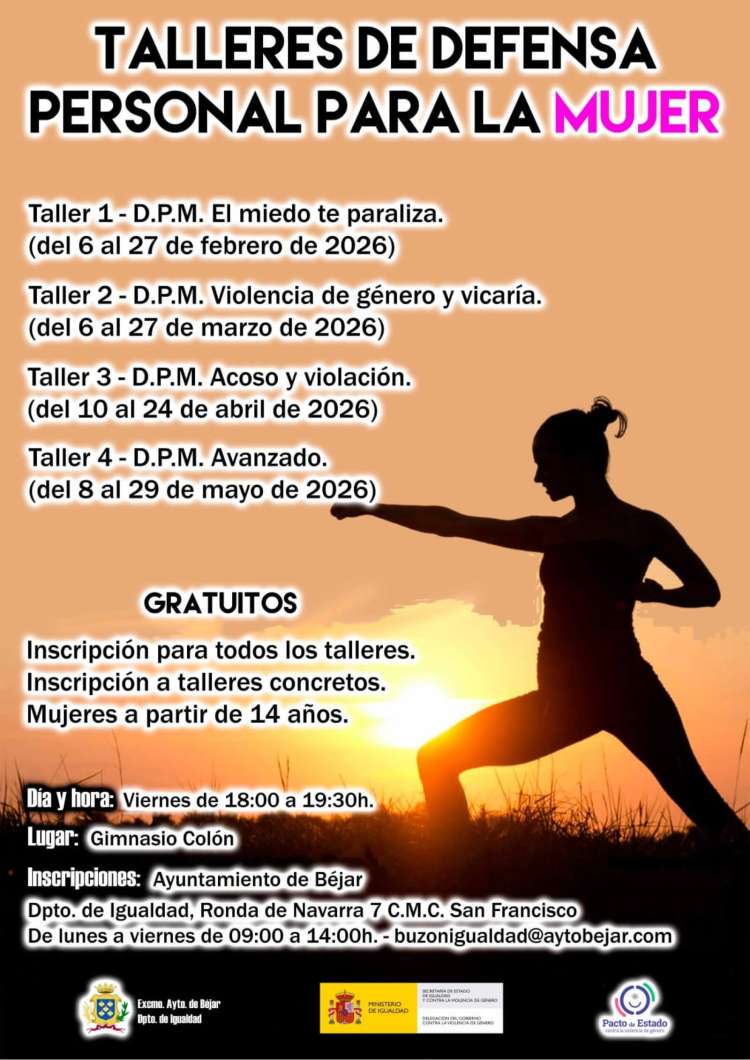 Cartel de los talleres gratuitos de defensa personal para mujeres organizados por el Ayuntamiento de Béjar en 2026