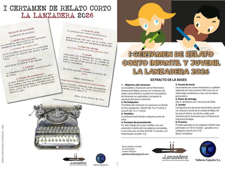 Carteles del I Certamen de Relato Corto La Lanzadera 2026 en Béjar para adultos, infantil y juvenil sobre la industria textil.