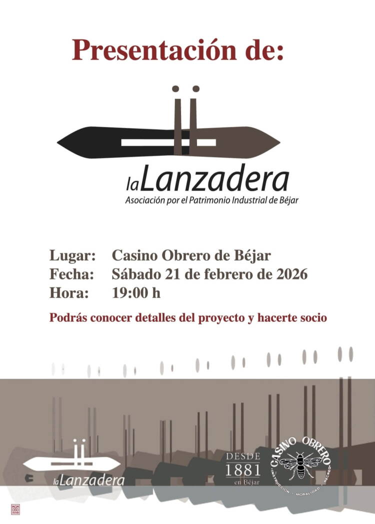 Cartel de presentación de la asociación La Lanzadera en el Casino Obrero de Béjar el 21 de febrero de 2026 a las 19:00 horas