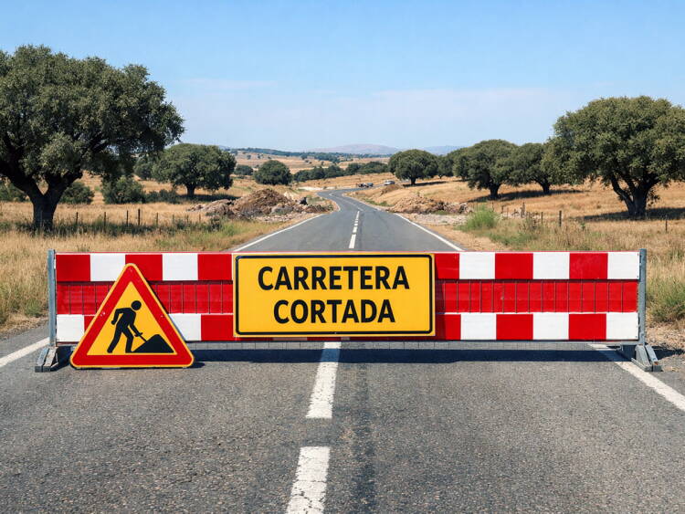 Carretera cortada por obras en la comarca de Béjar con señalización vial y valla de tráfico