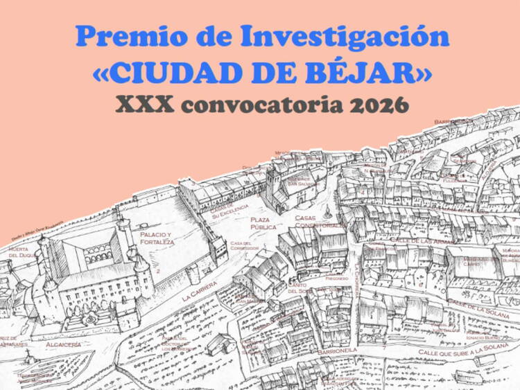 Cartel del Premio de Investigación Ciudad de Béjar 2026 con ilustración histórica del casco urbano de Béjar