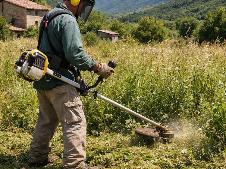 Trabajador realizando desbroce de hierba alta en una finca rústica del entorno rural de Candelario