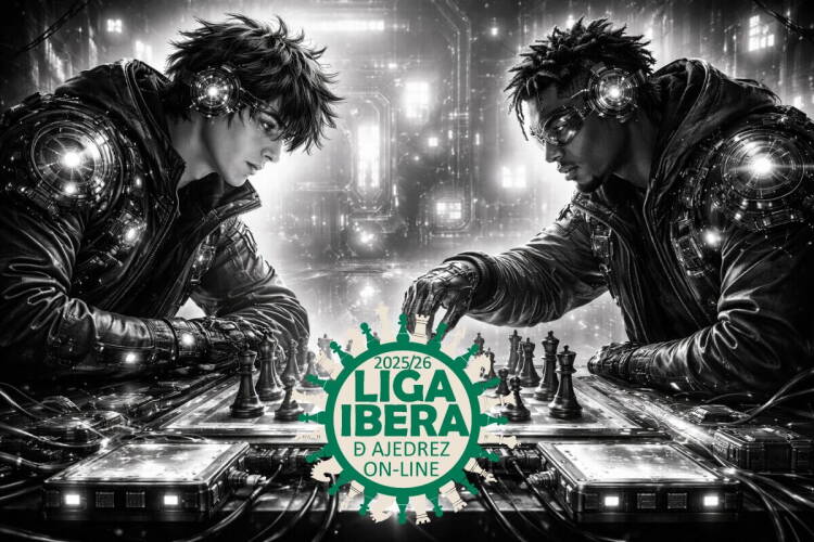 Ilustración Liga Íbera de ajedrez online 2025-26 con jugadores enfrentándose en tablero digital, Béjar participante destacado