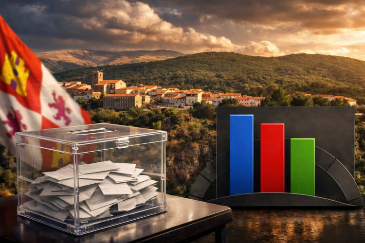 Urna electoral con papeletas y gráfico de resultados autonómicos en Béjar con vista del casco urbano al fondo