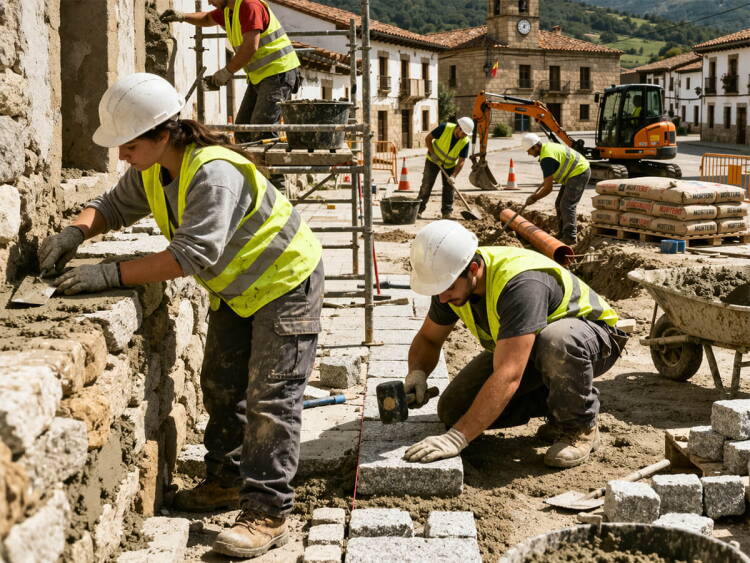 Alumnos desempleados en formación de obra civil rehabilitando una calle en un municipio rural de la sierra de Salamanca