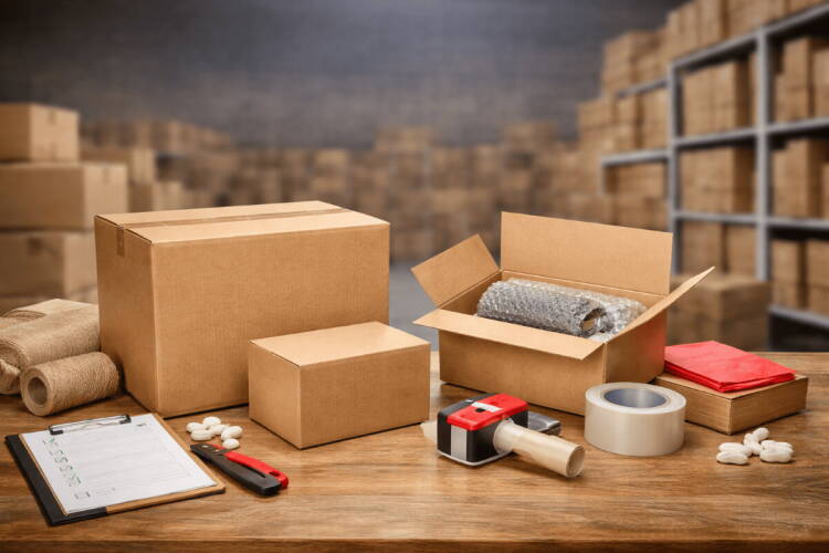 Cajas de cartón y material de embalaje preparados para un envío en un almacén