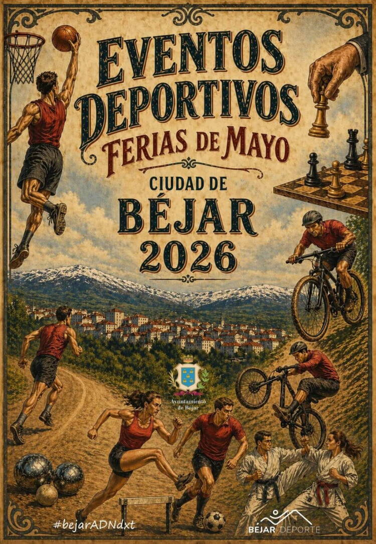 Cartel de los Eventos Deportivos de las Ferias de Mayo 2026 en Béjar con atletas, ciclismo, baloncesto, ajedrez y vista de la ciudad
