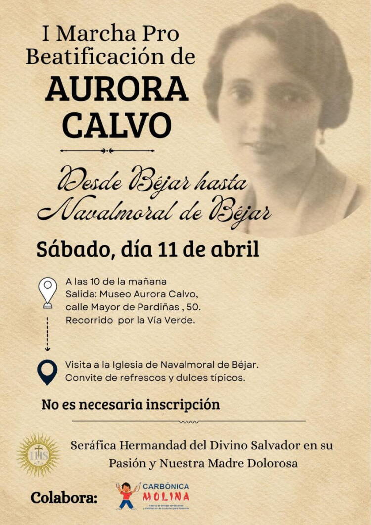 Cartel de la marcha por la beatificación de Aurora Calvo entre Béjar y Navalmoral el 11 de abril