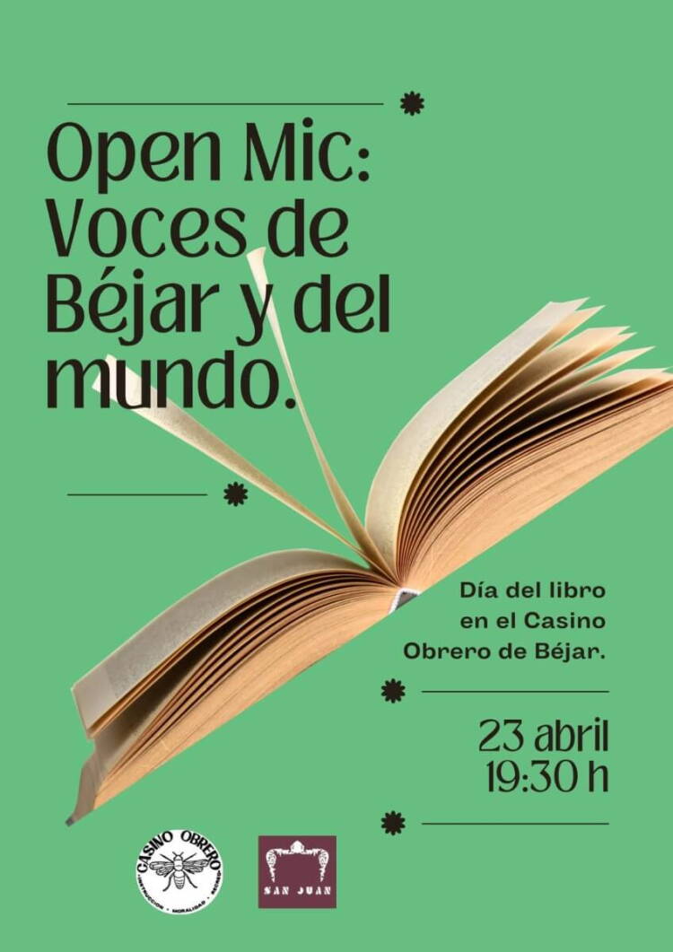 Cartel de Open Mic Voces de Béjar y del mundo en el Casino Obrero de Béjar por el Día del Libro