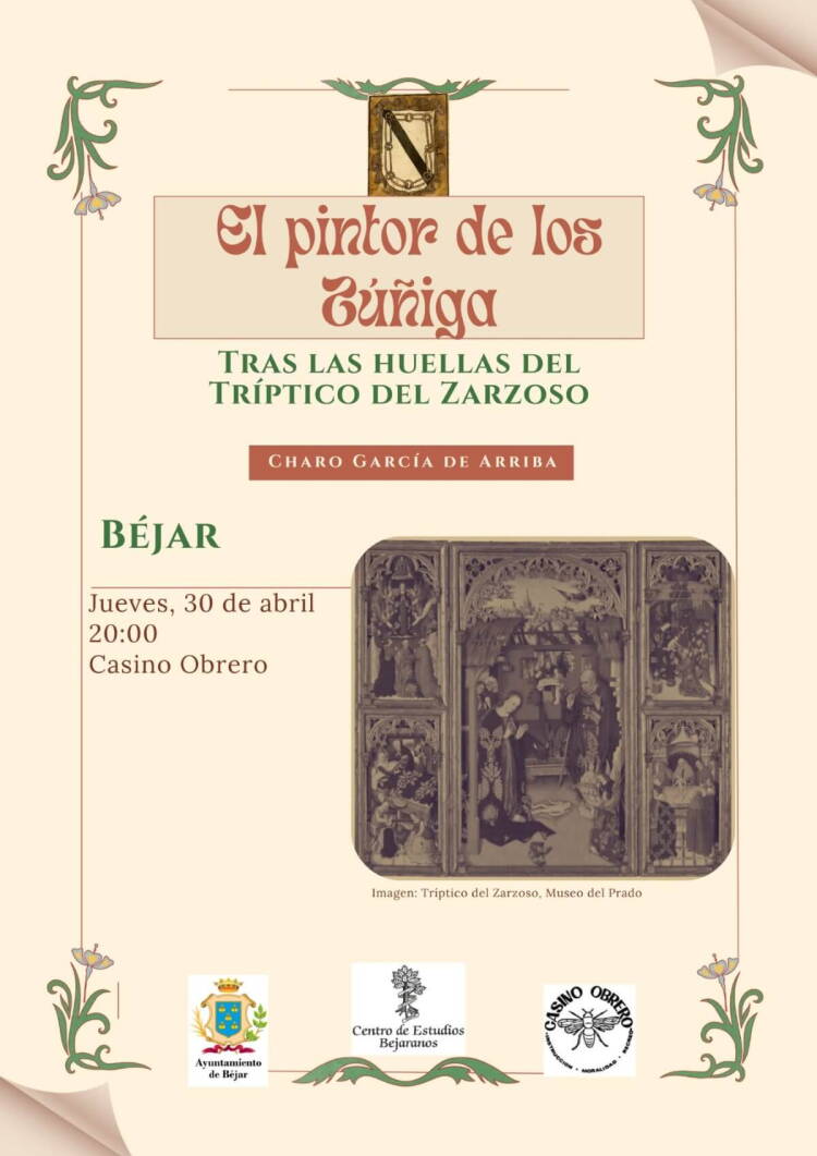 Cartel de la conferencia sobre el Tríptico del Zarzoso en Béjar organizada por el Centro de Estudios Bejaranos en el Casino Obrero.