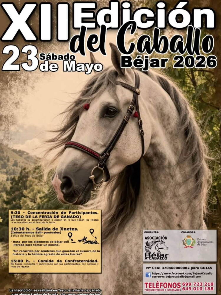 Cartel de la XII Edición del Caballo en Béjar 2026 con imagen de un caballo y programa del evento