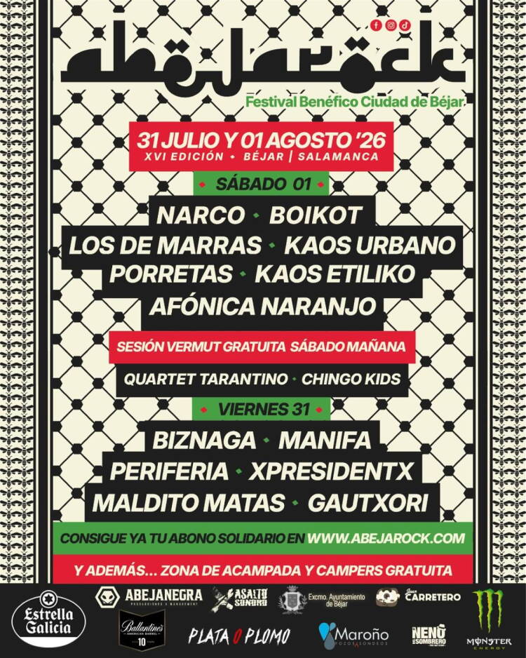 artel del Abejarock 2026 en Béjar con el programa de conciertos del XVI Festival Benéfico Ciudad de Béjar.
