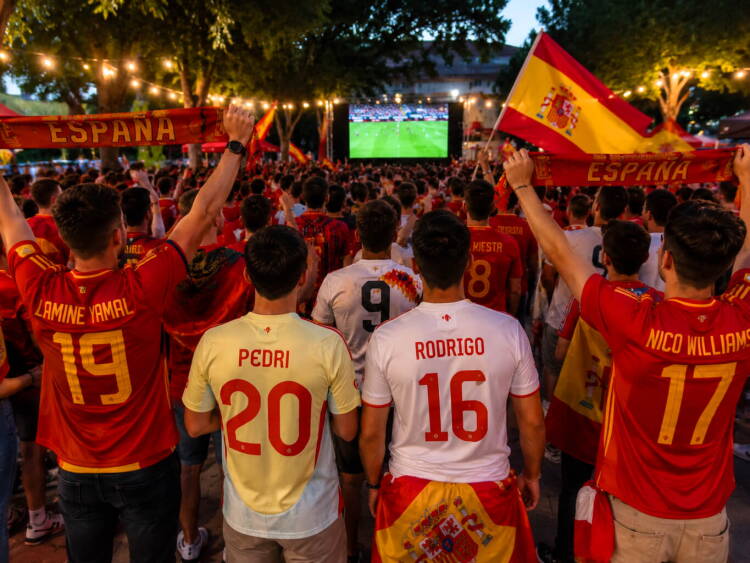 Aficionados de la selección española, de espaldas y con camisetas oficiales, animan frente a una pantalla gigante durante una Fan Zone para seguir un partido de España.