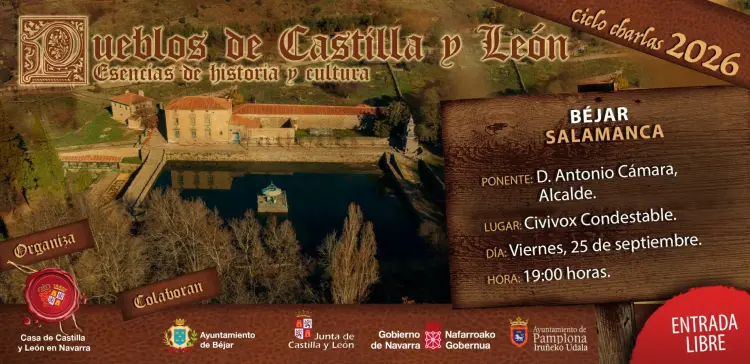 Cartel de la conferencia sobre Béjar en Pamplona, con una fotografía de El Bosque y los datos del acto del 25 de septiembre de 2026
