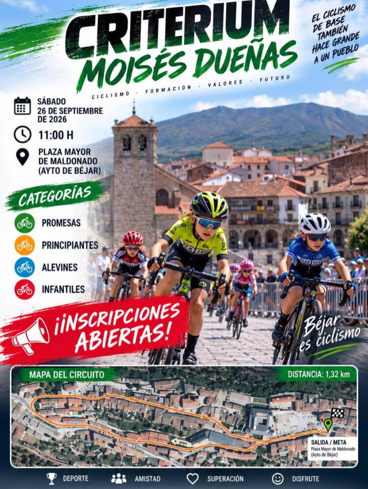 Cartel del Criterium Moisés Dueñas 2026, con ciclistas infantiles y el mapa del circuito urbano de Béjar