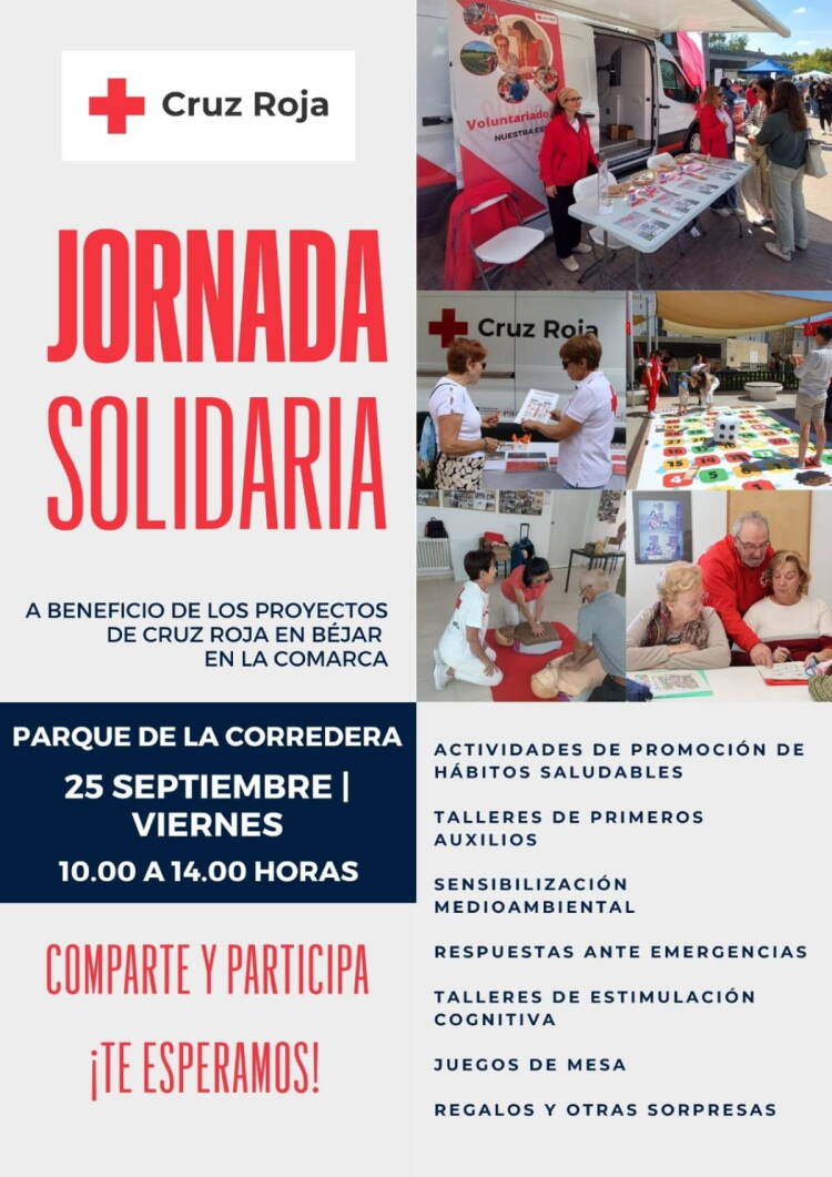 Cartel de la jornada solidaria de Cruz Roja en Béjar, con fotografías de actividades y horario del 25 de septiembre