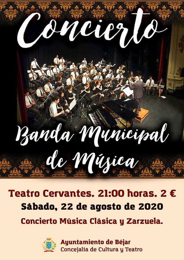Cartel del concierto. Miembros de la banda actuando en el Teatro Cervantes