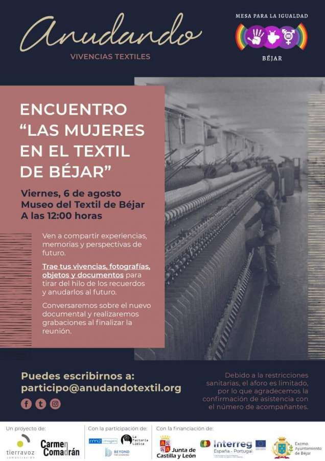 Texto Encuentro "Las mujeres en el textil de Béjar" con imagen de interior de una industria textil