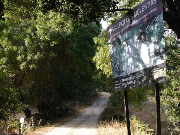 Cartel de obras junto al Puente de la Malena