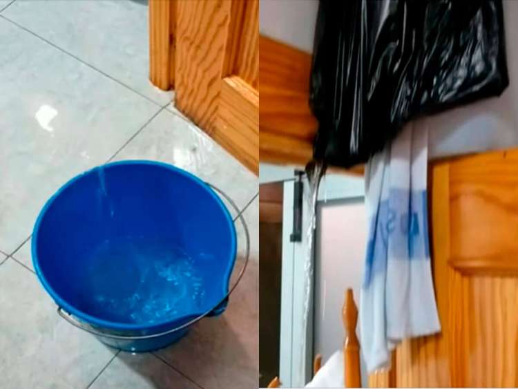 Cubo recogiendo agua tras la rotura de una tubería en la base del 112 de Béjar