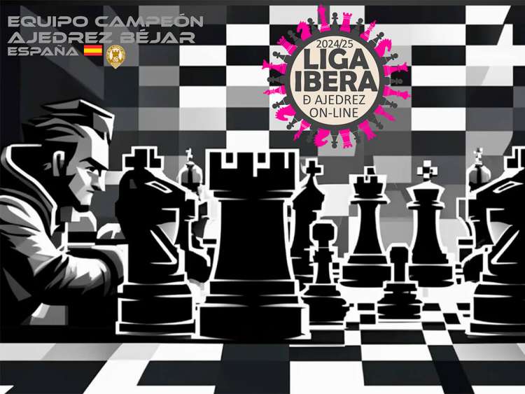Ilustración de ajedrecistas enfrentados representando al equipo Ajedrez Béjar, campeón de la Liga Íbera online 2024-25