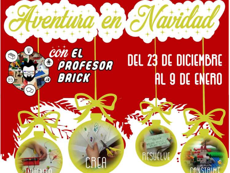 Cartel con fondo rojo, letras y bolas de navidad