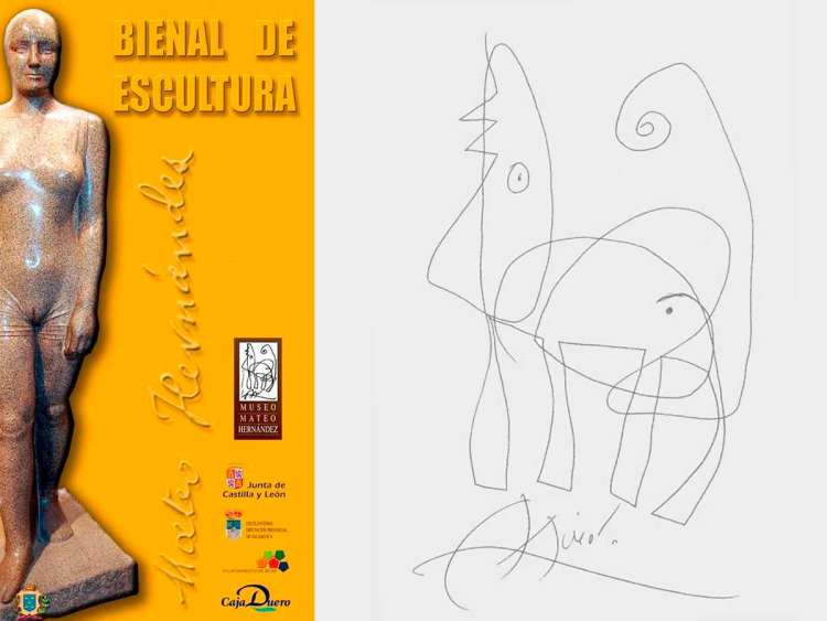 Cartel Bienal de Escultura Mateo Hernández junto al dibujo de Miró dedicado a Mateo Hernández