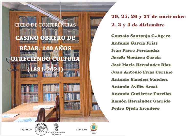 Cartel con letras y foto de una biblioteca de fondo