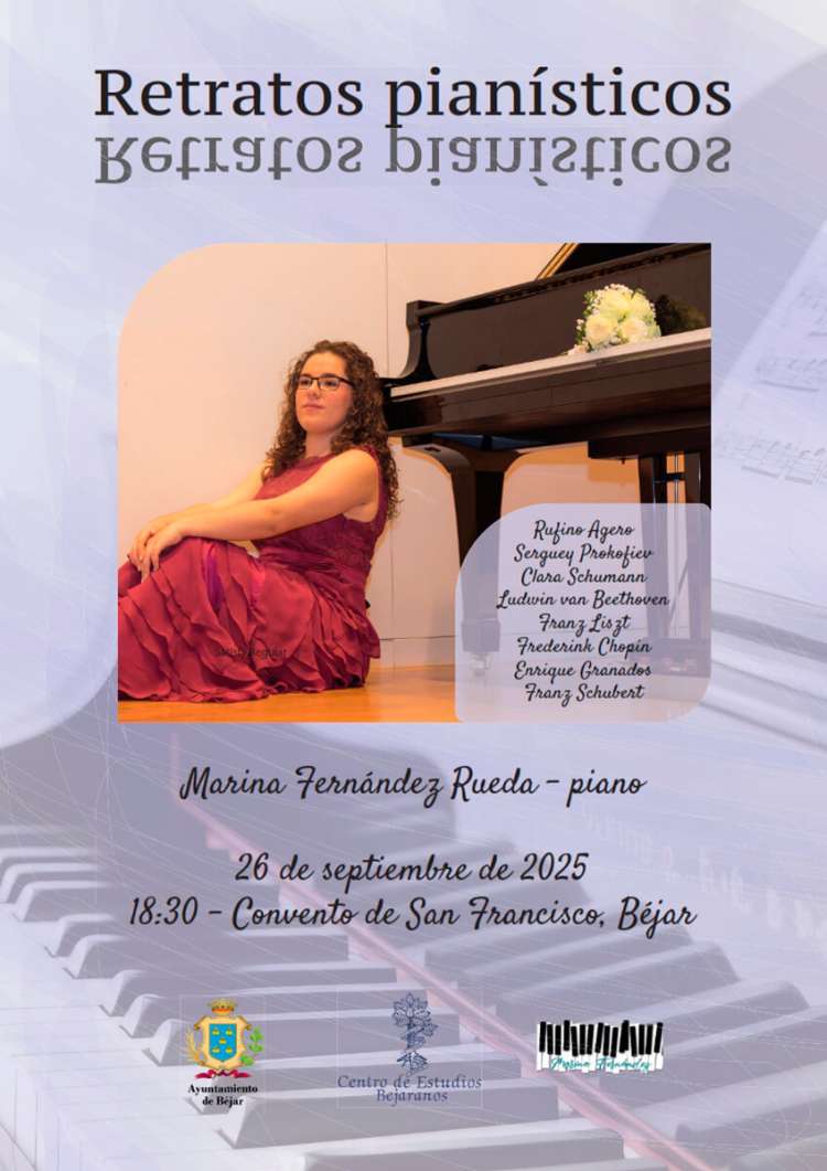Cartel del concierto "Retratos pianísticos" en Béjar, con la pianista Marina Fernández Rueda, que se celebrará el 26 de septiembre de 2025 en el Convento de San Francisco.
