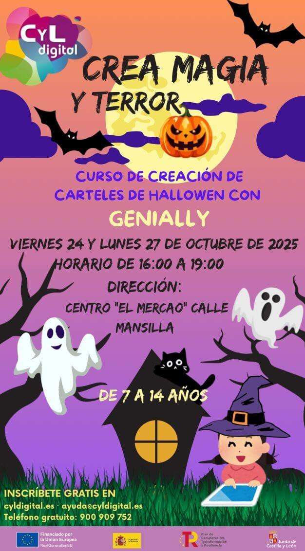 Cartel del curso "Crea magia y terror" en Béjar para crear carteles de Halloween con Genially, dirigido a niños de 7 a 14 años.