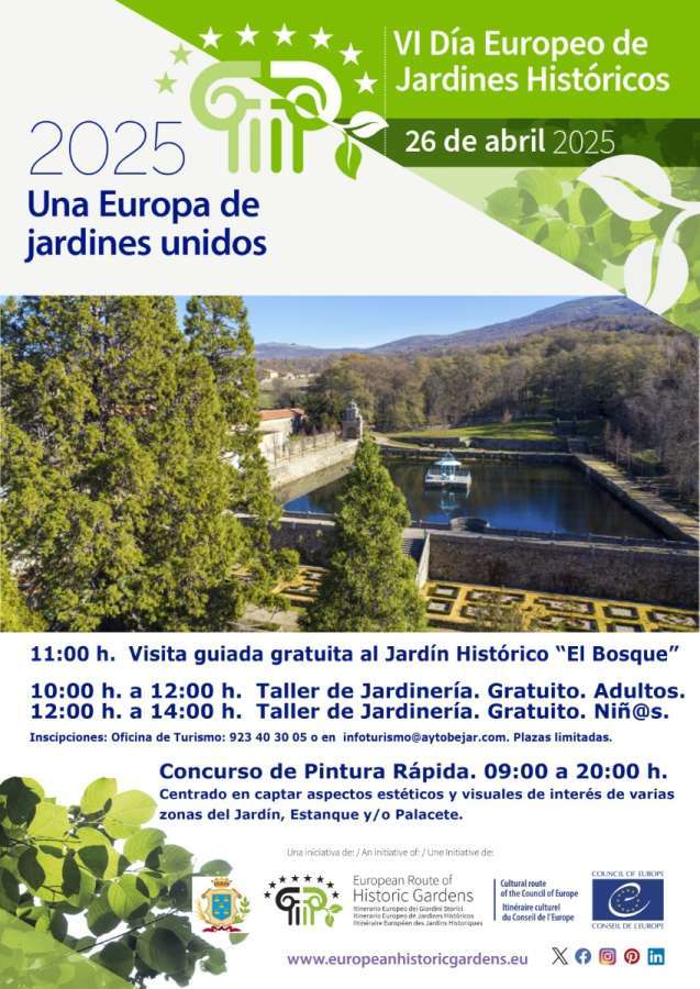 Cartel del VI Día Europeo de Jardines Históricos 2025 en Béjar, con actividades en el Jardín Histórico El Bosque