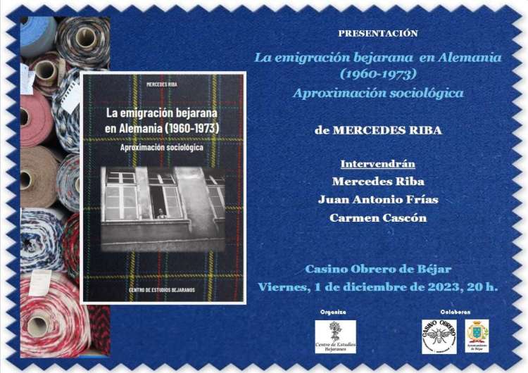 Cartel presentación del libro La emigración bejarana en Alemania (1960-1973). Aproximación sociológica, de Mercedes Riba