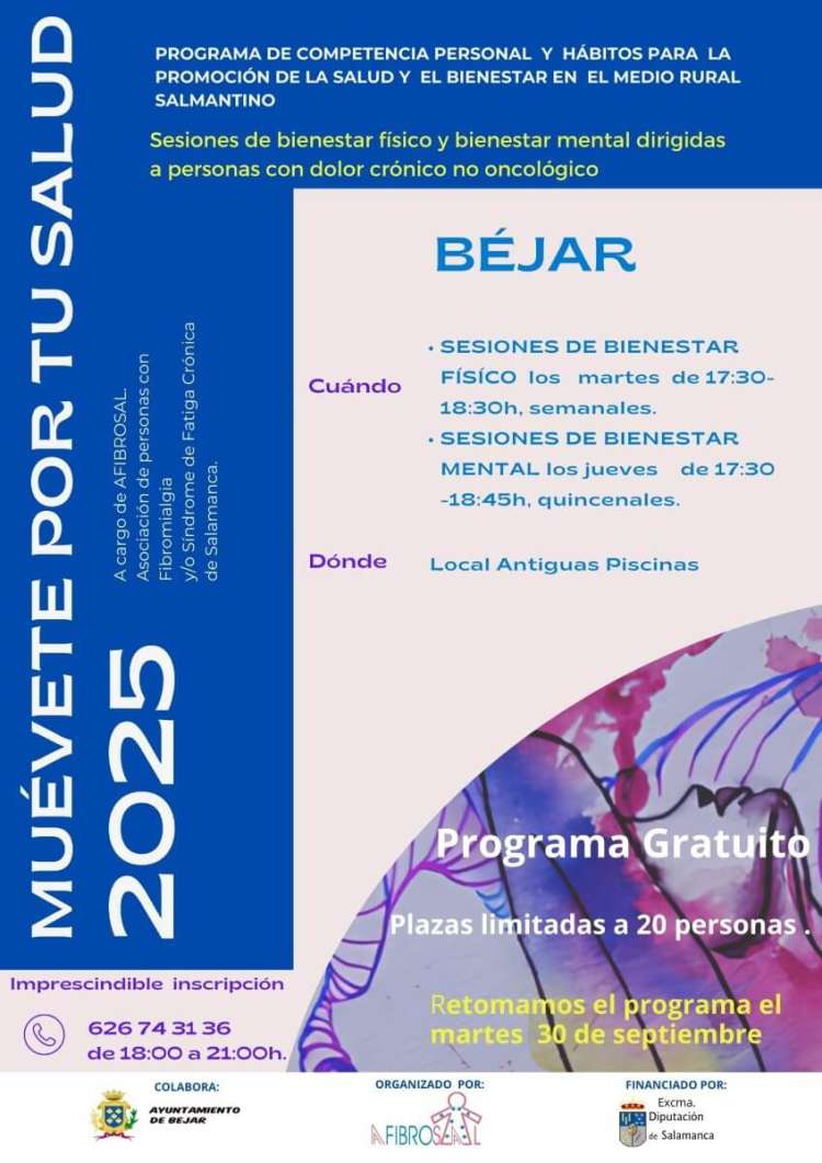 Cartel del programa Muévete por tu salud en Béjar 2025, con sesiones de bienestar físico y mental para personas con dolor crónico.