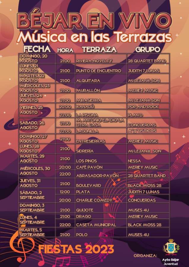 Cartel con listado de conciertos Béjar en Vivo