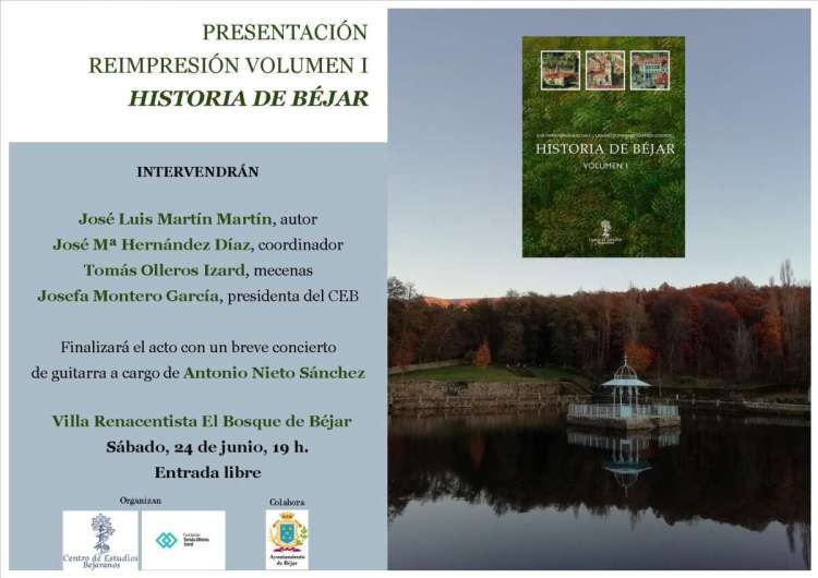 Cartel que anuncia la presentación de la reedición de la publicación Historia de Béjar