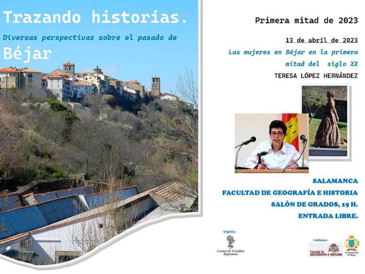 Cartel con imagen de Béjar y de la ponente de la conferencia