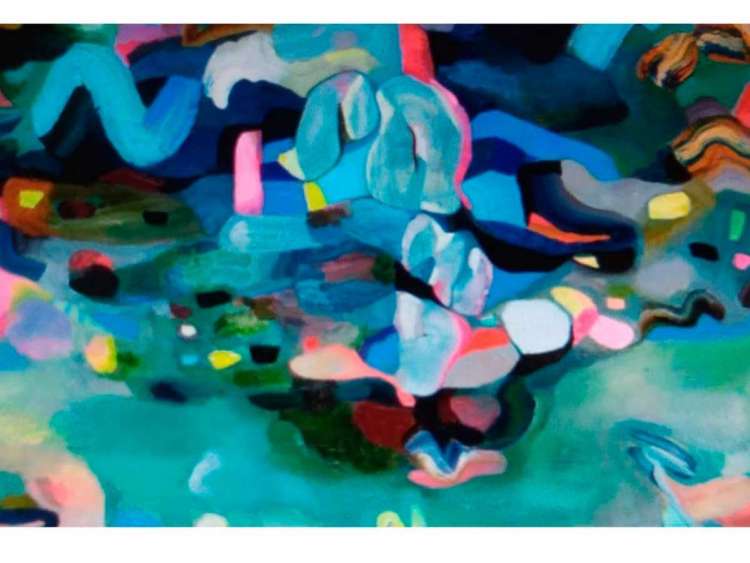 Vista parcial del Cartel anunciador de la actividad con uno de los cuadros de la autora