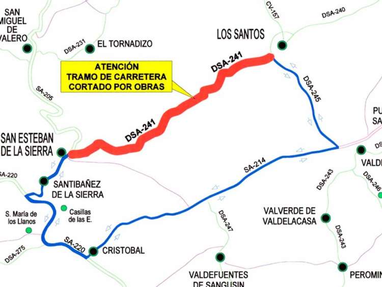Mapa de ruta alternativa entre Los Santos y San Esteban de la Sierra