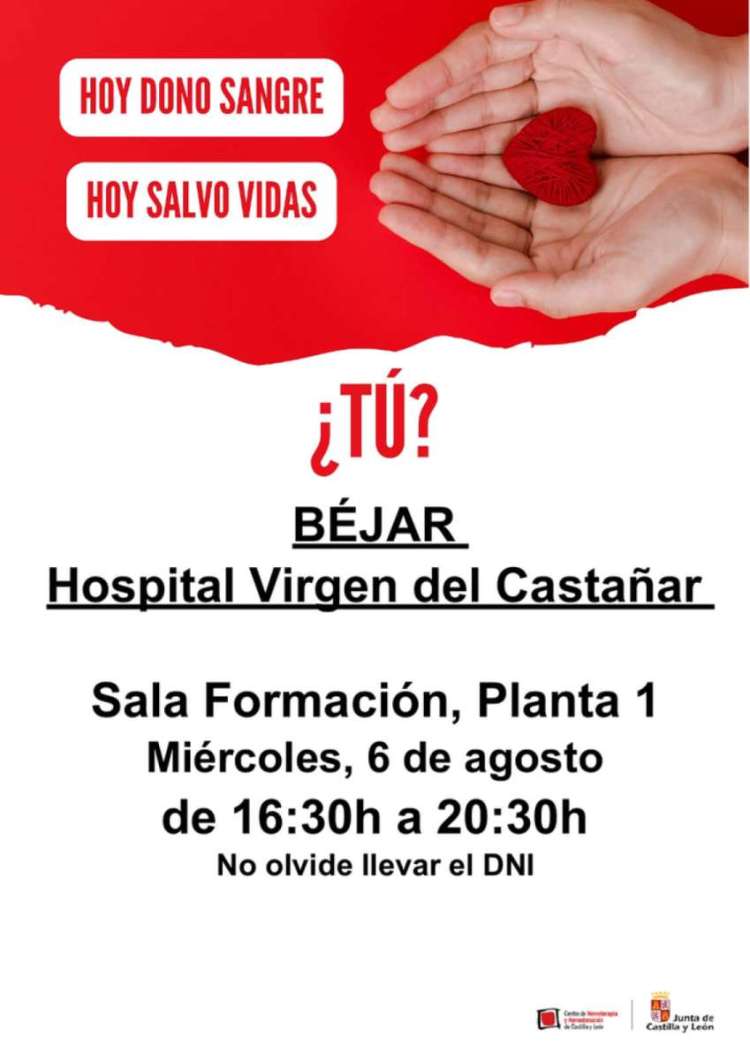 Cartel jornada de donación de sangre este miércoles, 6 de agosto, en Béjar