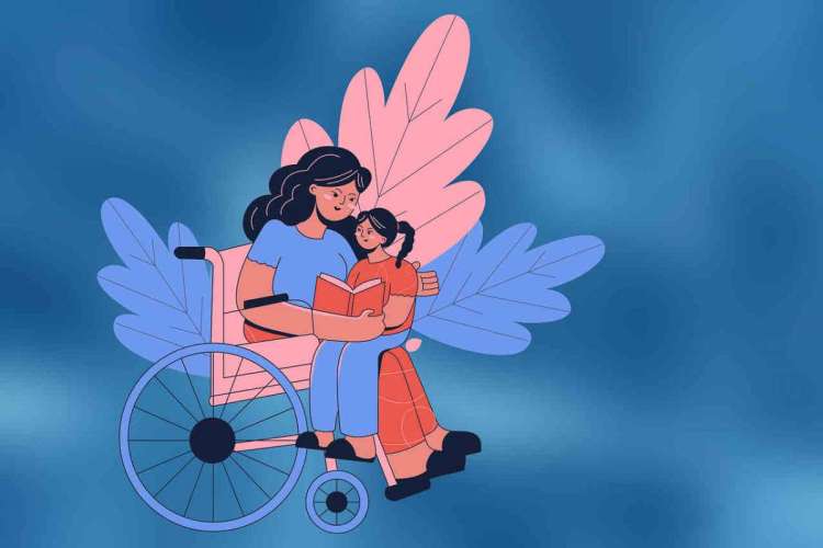 Dibujo persona silla ruedas abrazando niño 