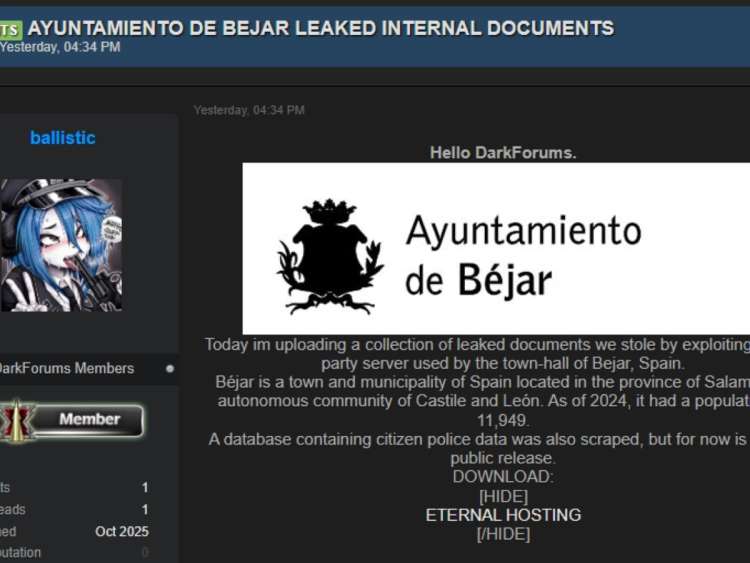 Captura de pantalla del foro donde el hacker publica documentos filtrados del Ayuntamiento de Béja