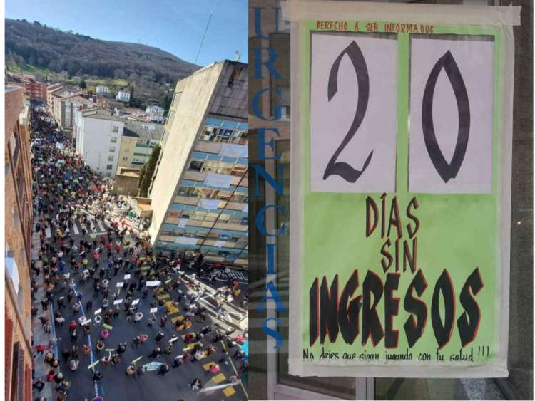 Concentración frente al hospital junto a un cartel que contabiliza los días que se llevan sin realizar ingresos en Béjar