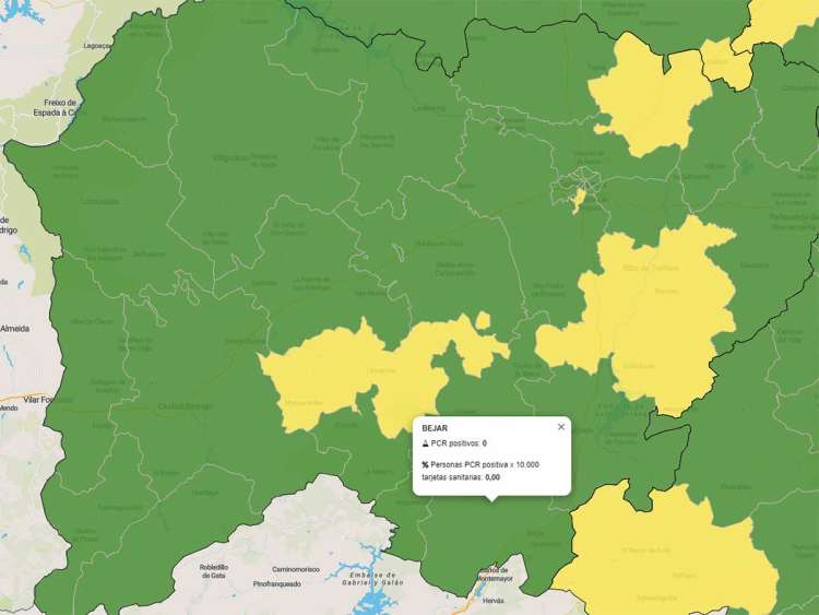Mapa de la provincia de Salamanca con datos de coronavirus en la zona de Béjar
