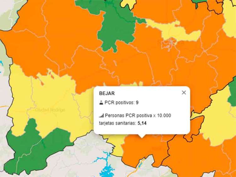 Mapa del coronavirus en Salamanca con datos de la zona de salud de Béjar