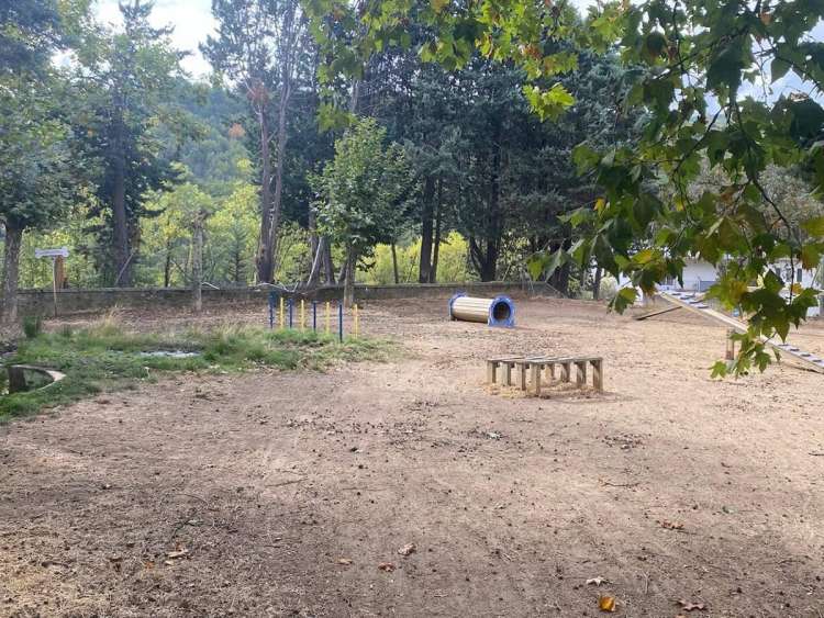 Vista general del parque canino de Los Pinos en Béjar con los elementos de agility tras las primeras mejoras