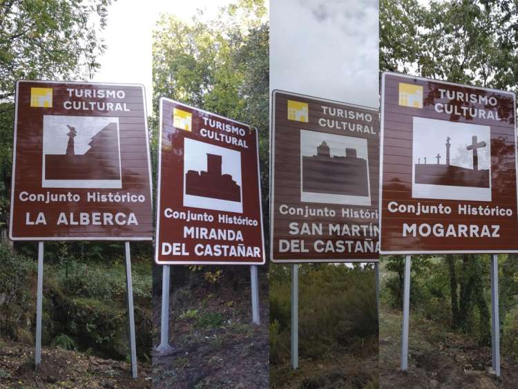 Algunos ejemplos de señalización a la entrada de municipios conjunto histórico en la Sierra de Francia