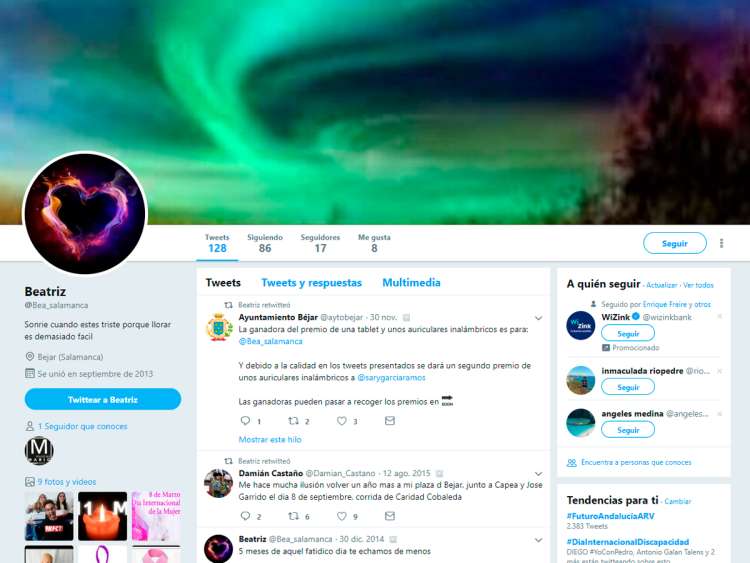 Timeline del twitter de la ganadora del concurso municipal contra la violencia de género