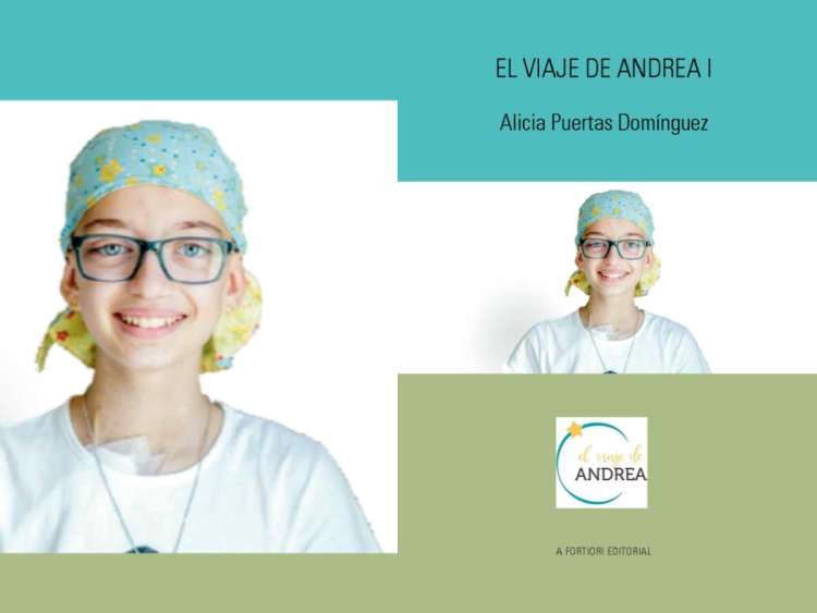 Cartel con la imagen de Andrea y el diseño del libro escrito por su madre