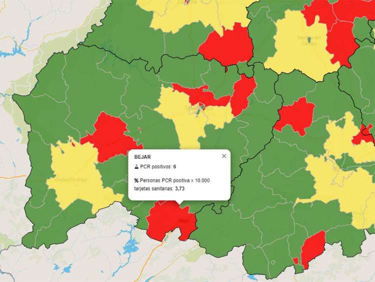 Mapa de las zonas de salud de Béjar con colores según situación epidemiológica